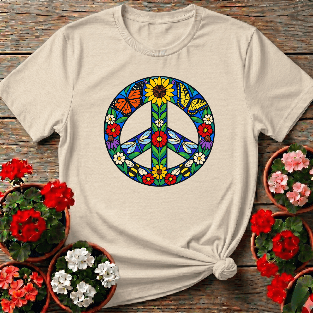 Stained Glass Floral Peace Sign Pollinator Garden Tee - GardeningTshirts
