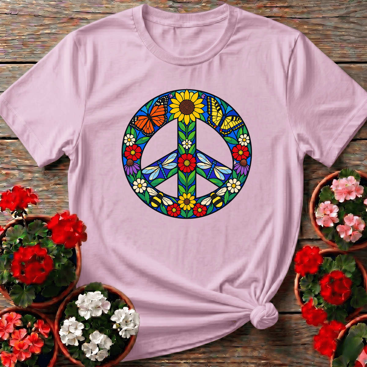 Stained Glass Floral Peace Sign Pollinator Garden Tee - GardeningTshirts