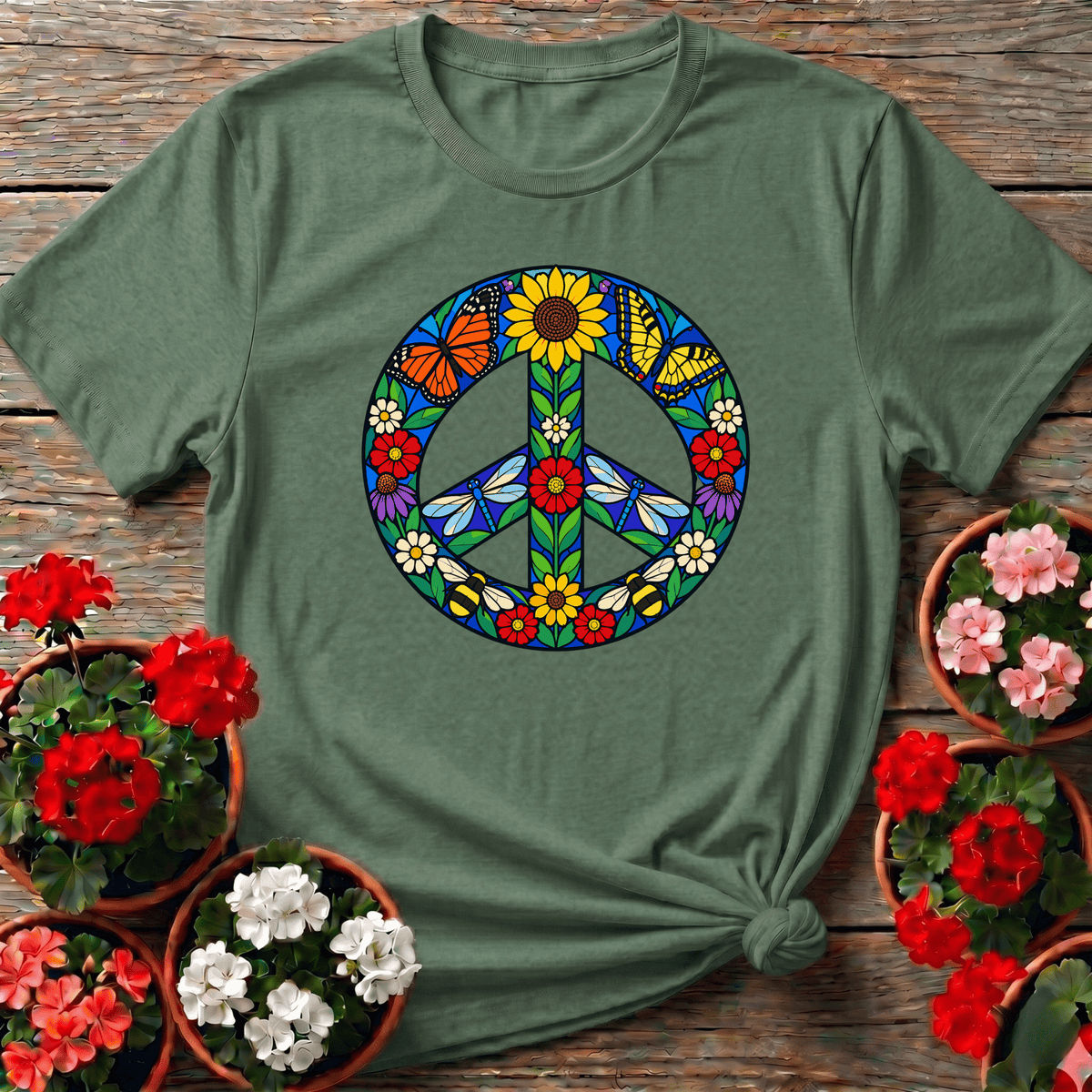 Stained Glass Floral Peace Sign Pollinator Garden Tee - GardeningTshirts