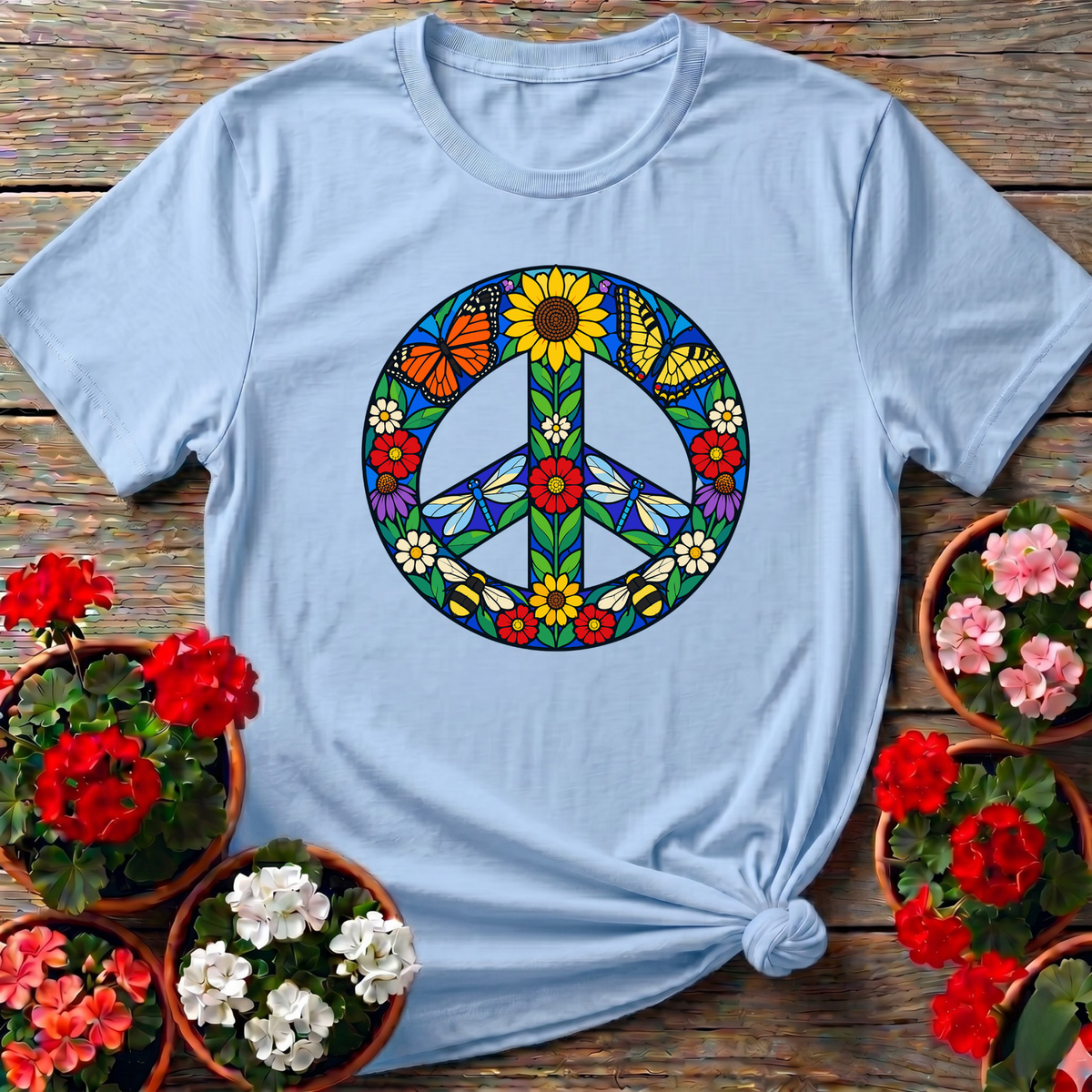 Stained Glass Floral Peace Sign Pollinator Garden Tee - GardeningTshirts