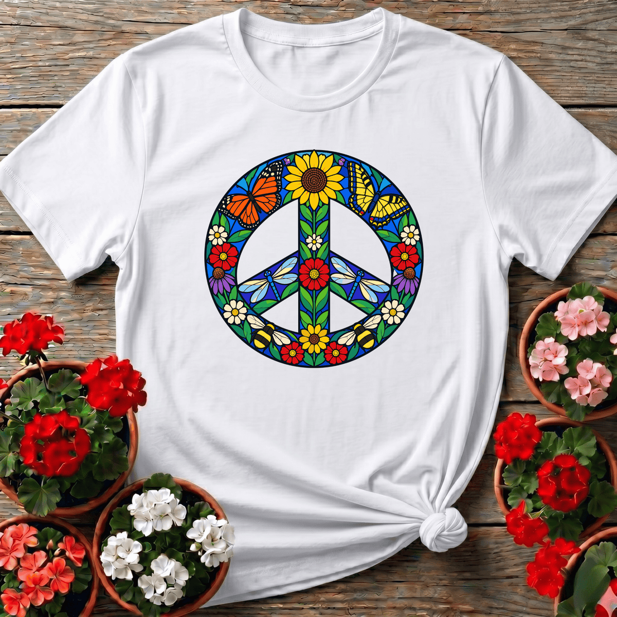 Stained Glass Floral Peace Sign Pollinator Garden Tee - GardeningTshirts