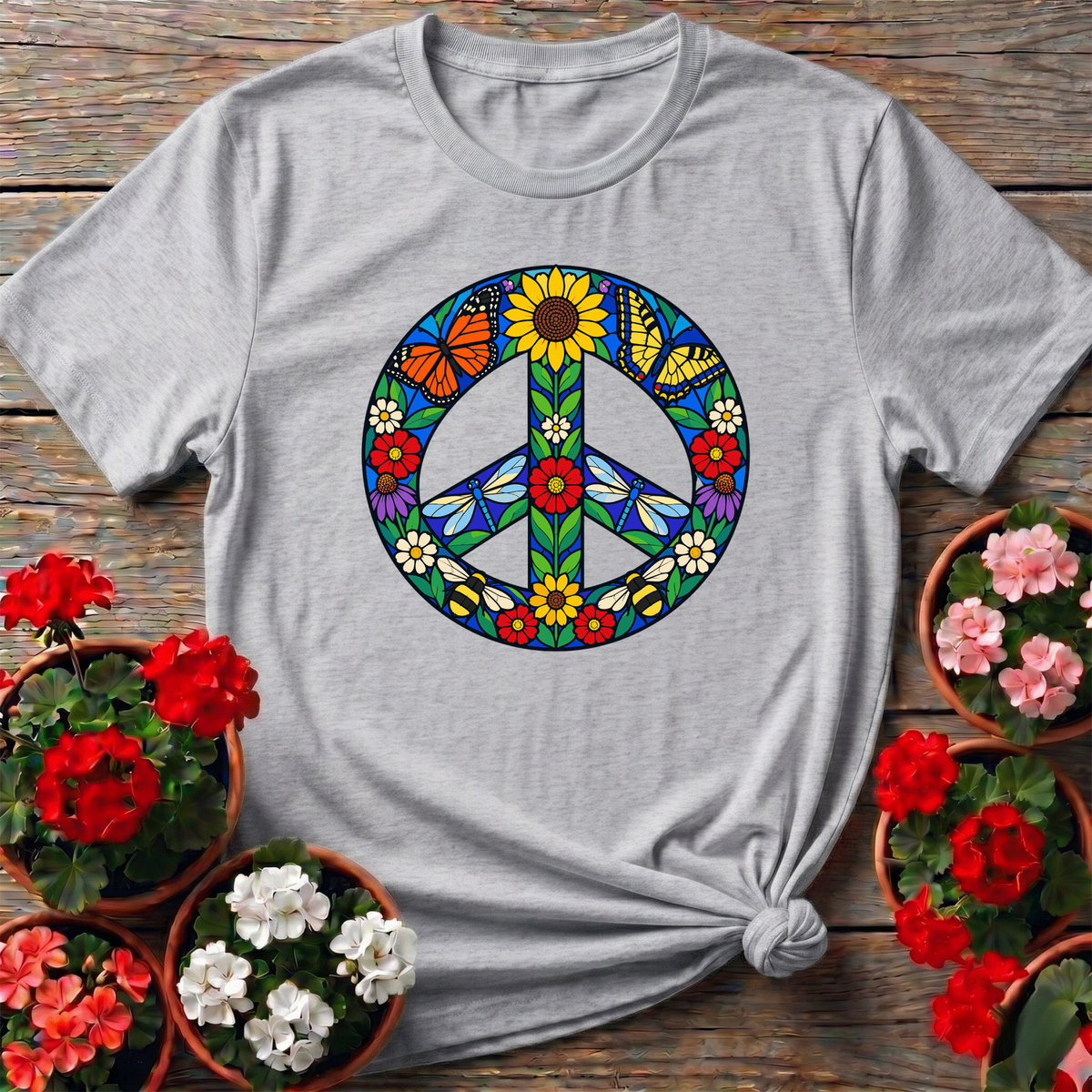 Stained Glass Floral Peace Sign Pollinator Garden Tee - GardeningTshirts