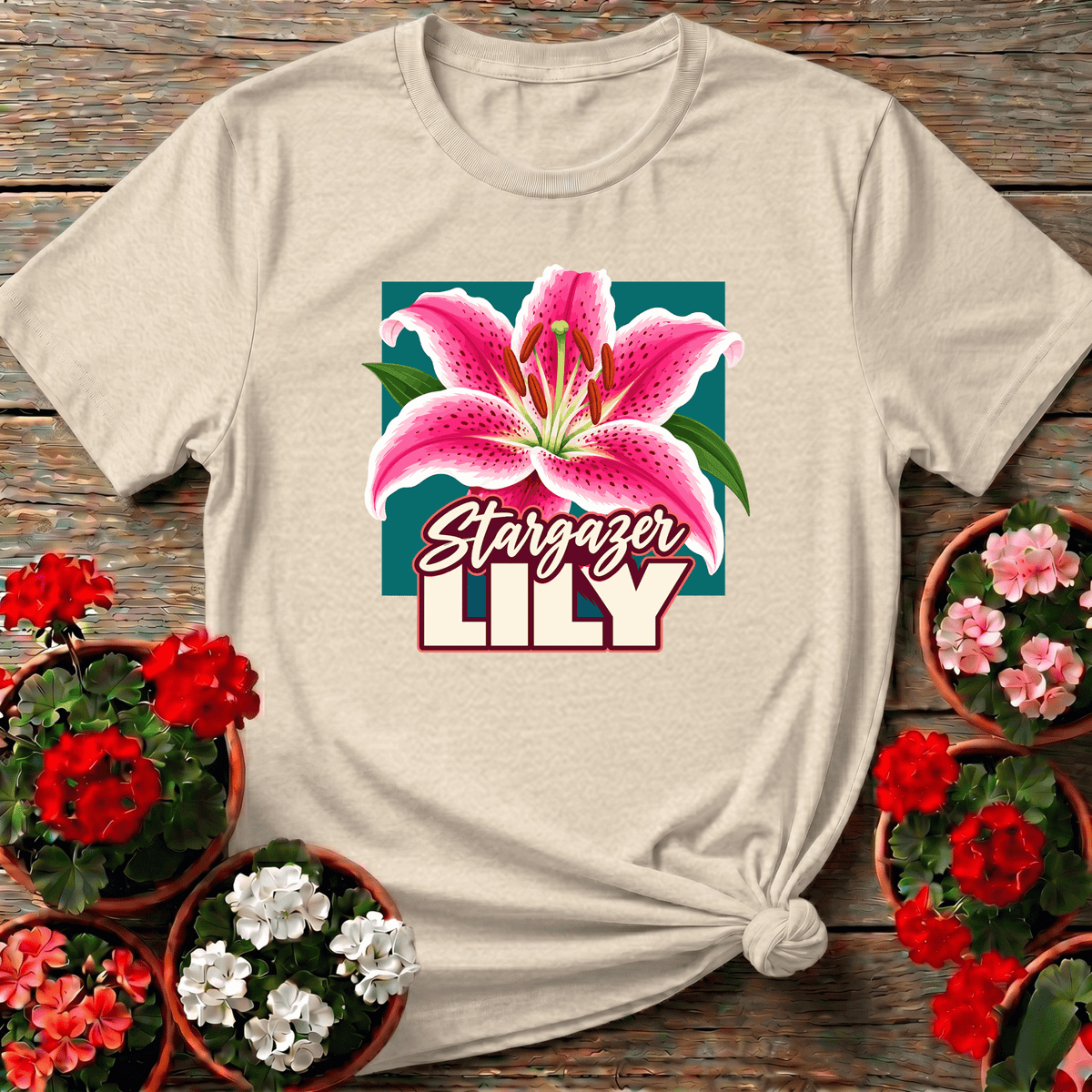 Natural vintage-style stargazer lily gardening shirt with bold floral print and teal background for flower growers