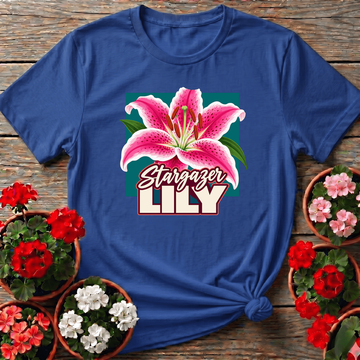 Royal retro-botanical stargazer lily tee with spotted fuchsia petals and burgundy shadow text for plant lovers