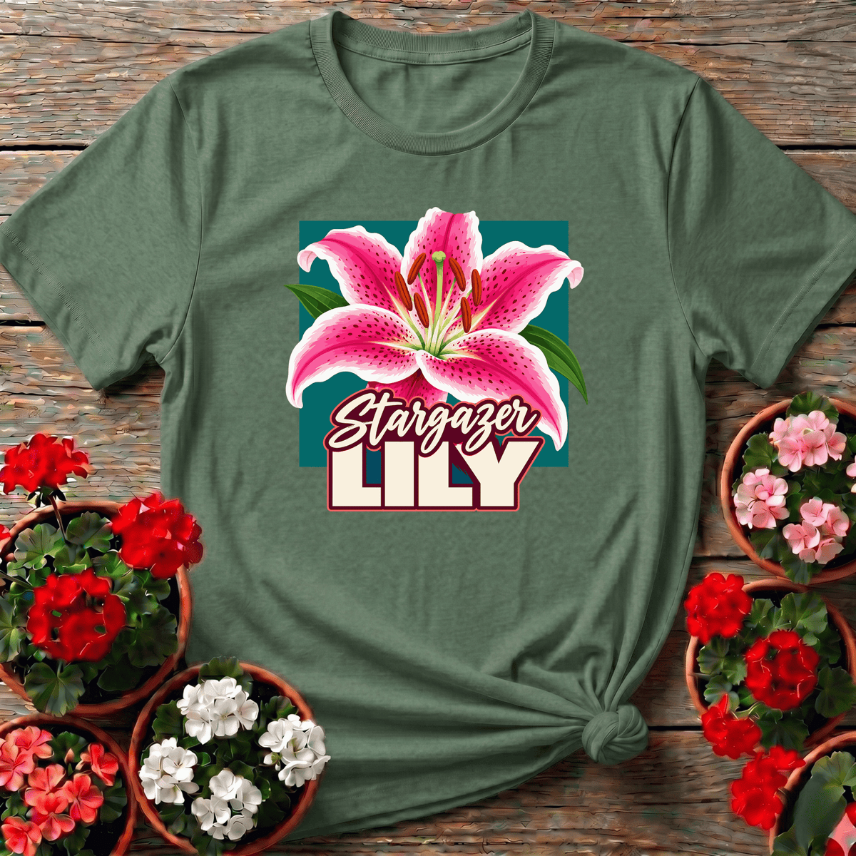 Military Green botanical graphic stargazer lily tee with rich fuchsia bloom and deep burgundy typography for gardeners