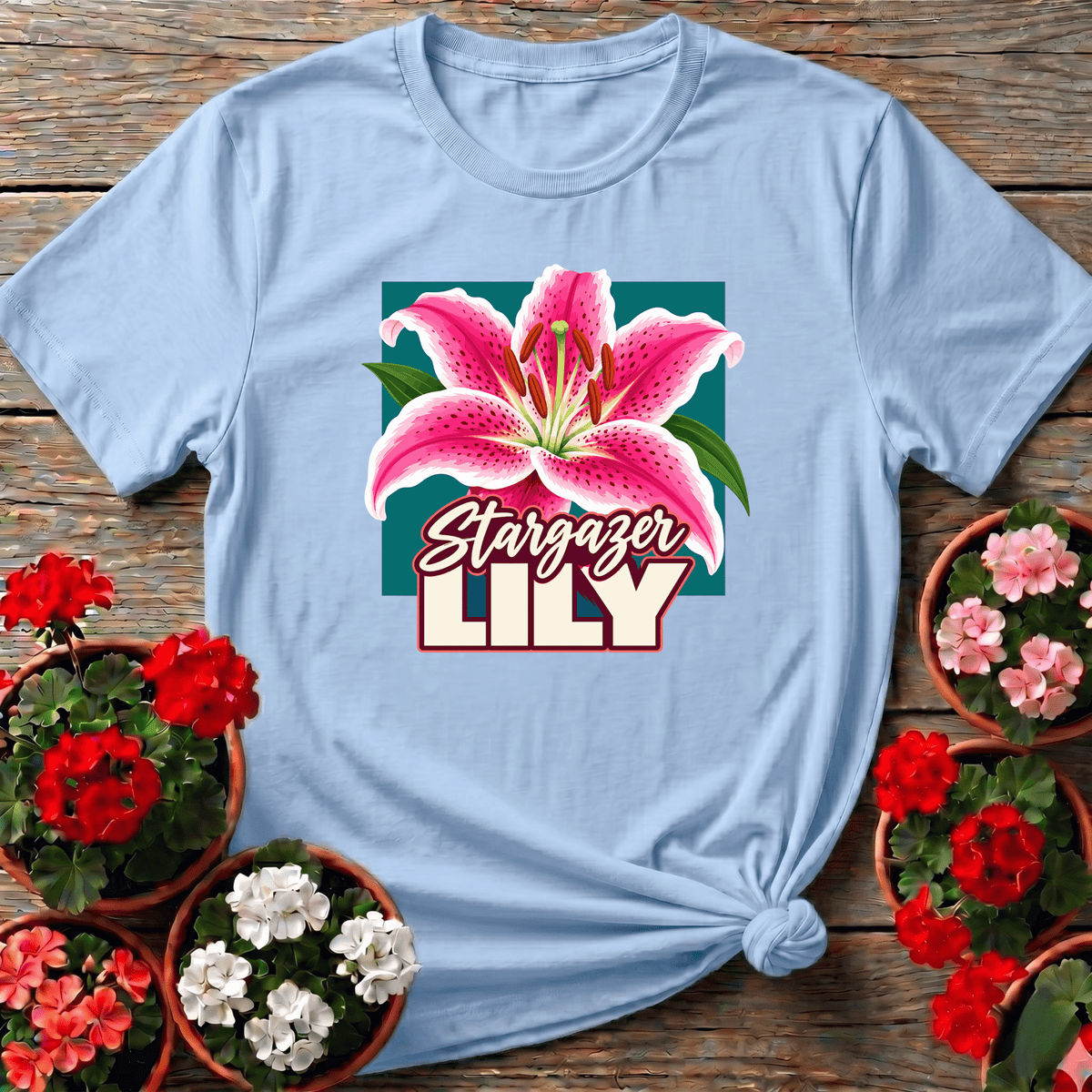 Light Blue summer floral stargazer lily top with dramatic pink petals and retro block lettering for lily lovers