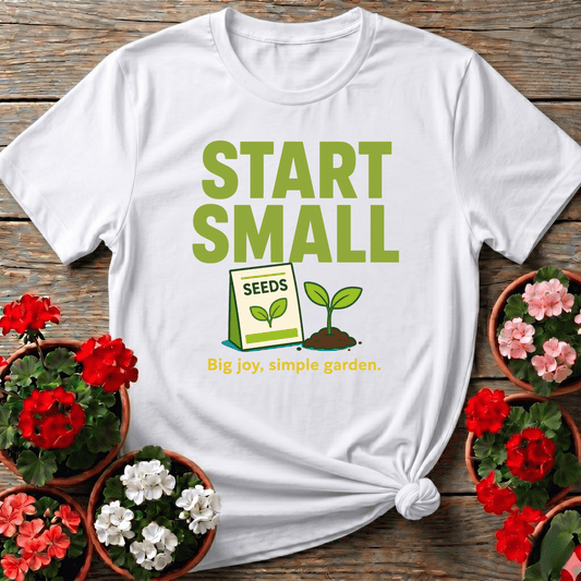 White cheerful seed packet graphic shirt "Start Small Big Joy Simple Garden" for new plant lovers