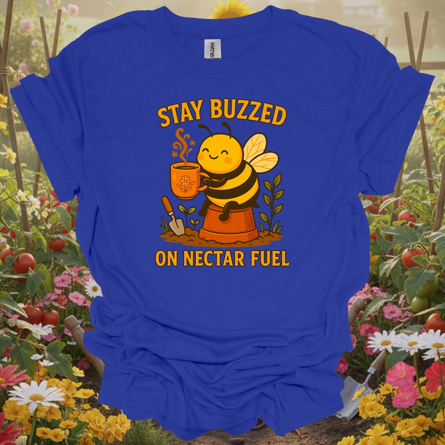 Royal tshirt showing stay buzzed on nectar fuel cute coffee bee for people who love cuteness