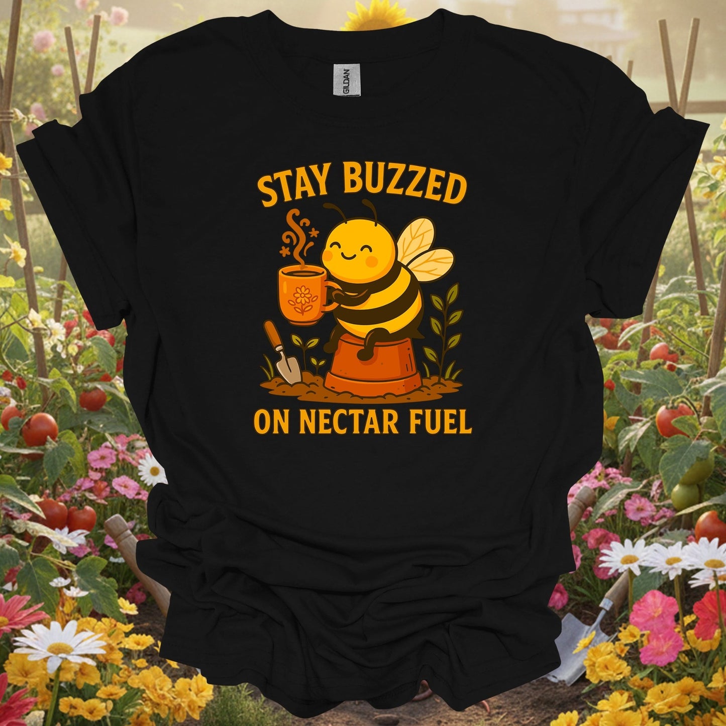 Black top showing stay buzzed on nectar fuel cute coffee bee for folks who appreciate kawaii art