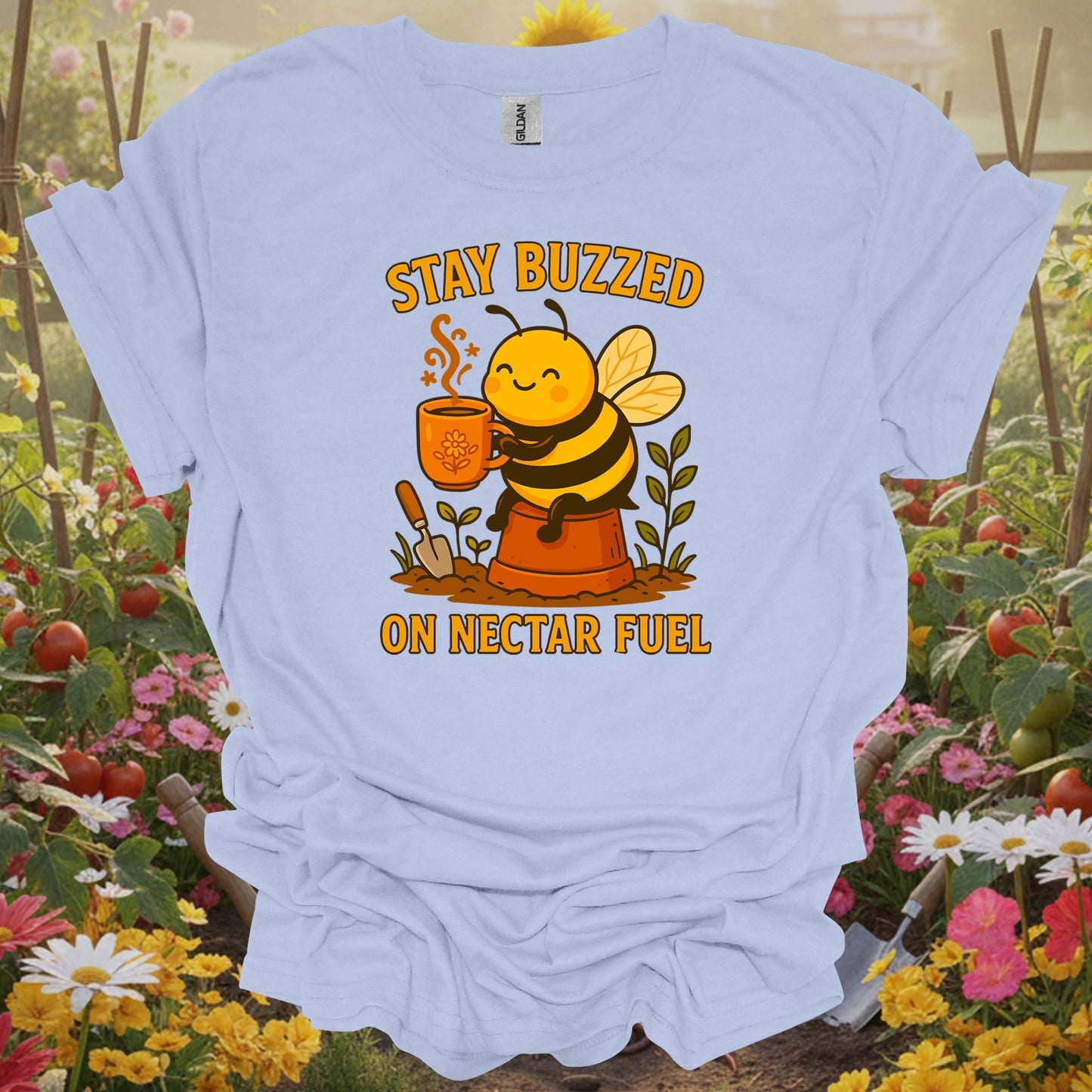Light Blue shirt showing stay buzzed on nectar fuel cute coffee bee for adorable aesthetic enthusiasts