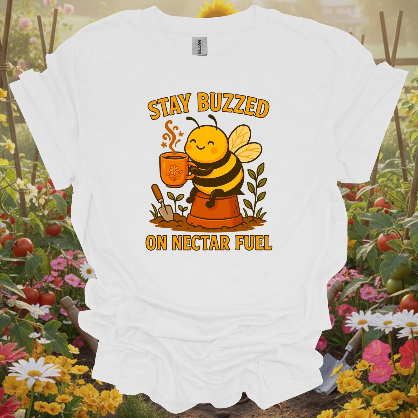 White shirt showing stay buzzed on nectar fuel cute coffee bee for cheerful growers