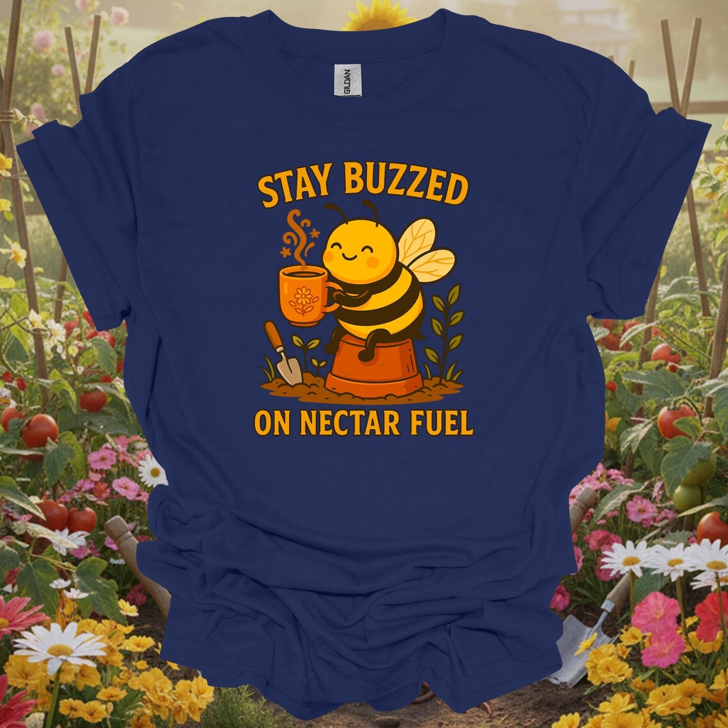 Navy top showing stay buzzed on nectar fuel cute coffee bee for sweet-natured gardeners