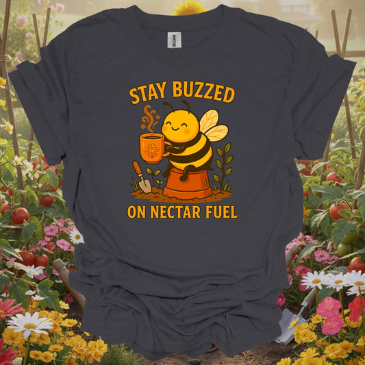 Charcoal tee showing stay buzzed on nectar fuel cute coffee bee for cute design lovers