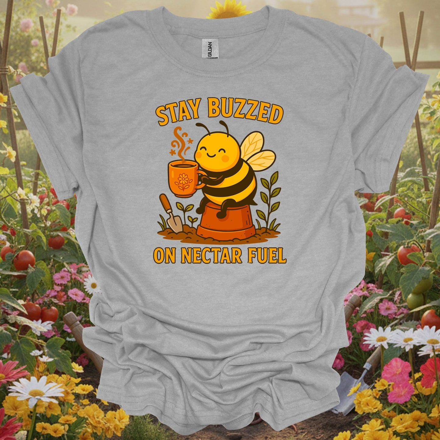 Sport gray tee showing stay buzzed on nectar fuel cute coffee bee for wholesome plant parents