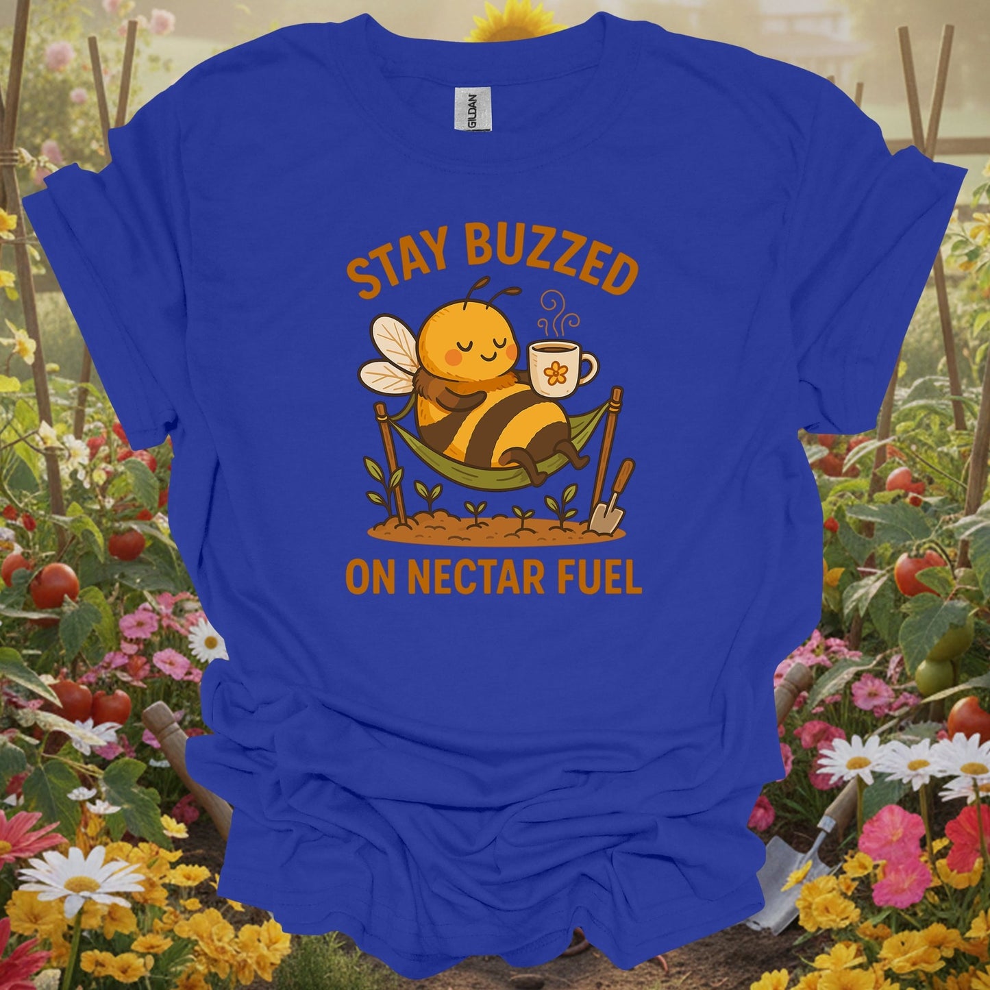 Royal top showing stay buzzed on nectar fuel retro kawaii bee for green thumb folks