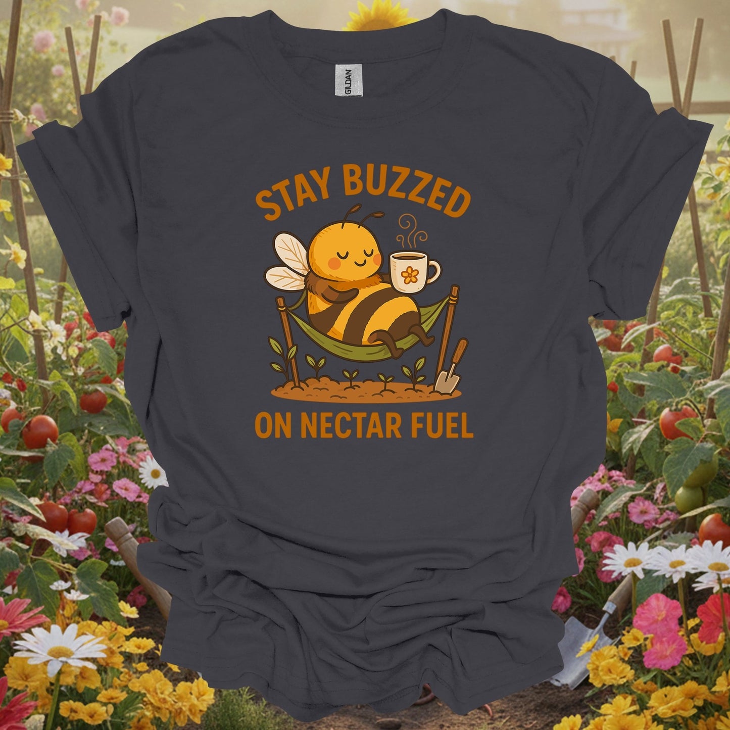 Charcoal tee showing stay buzzed on nectar fuel retro kawaii bee for plant lovers