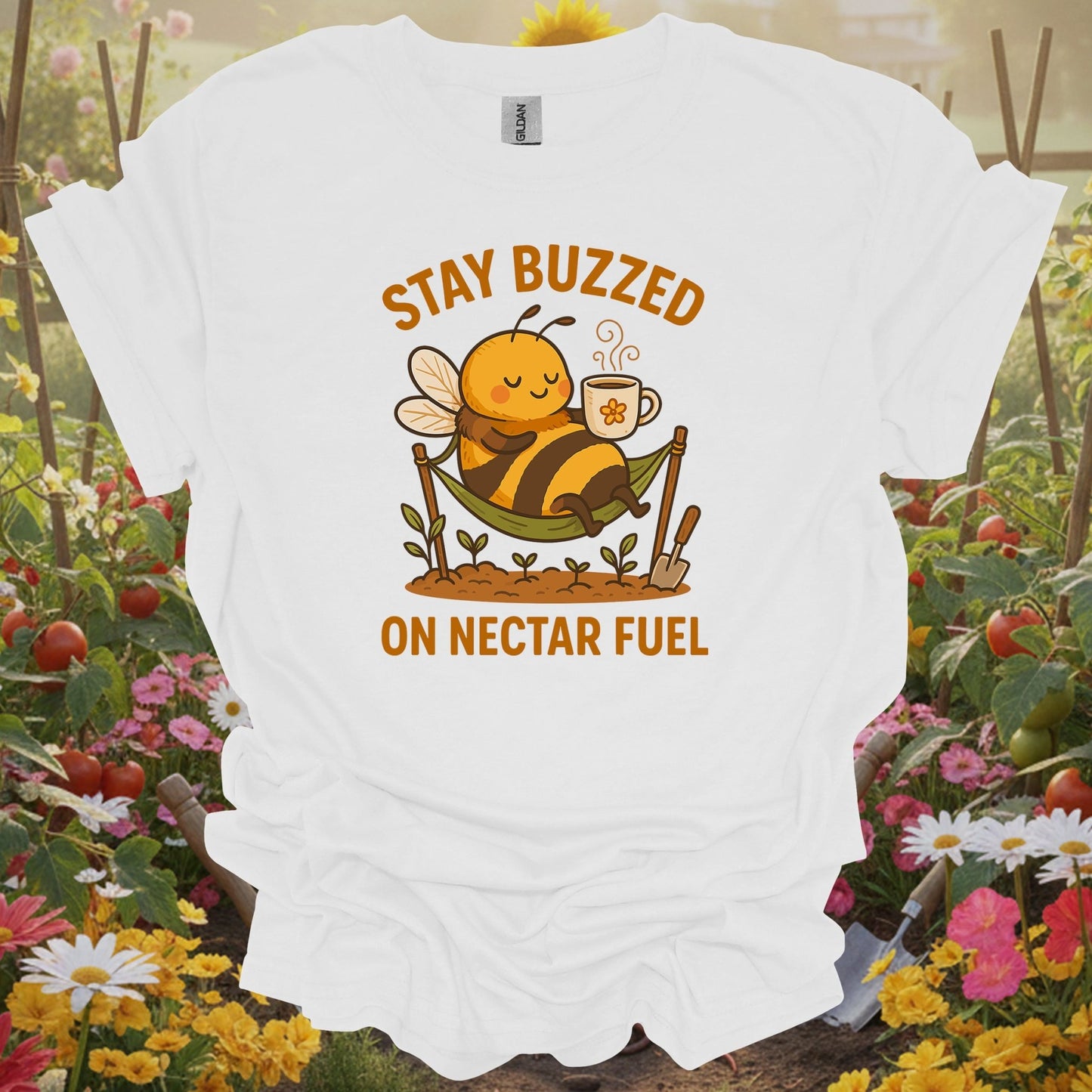 White tee showing stay buzzed on nectar fuel retro kawaii bee for garden hobbyists