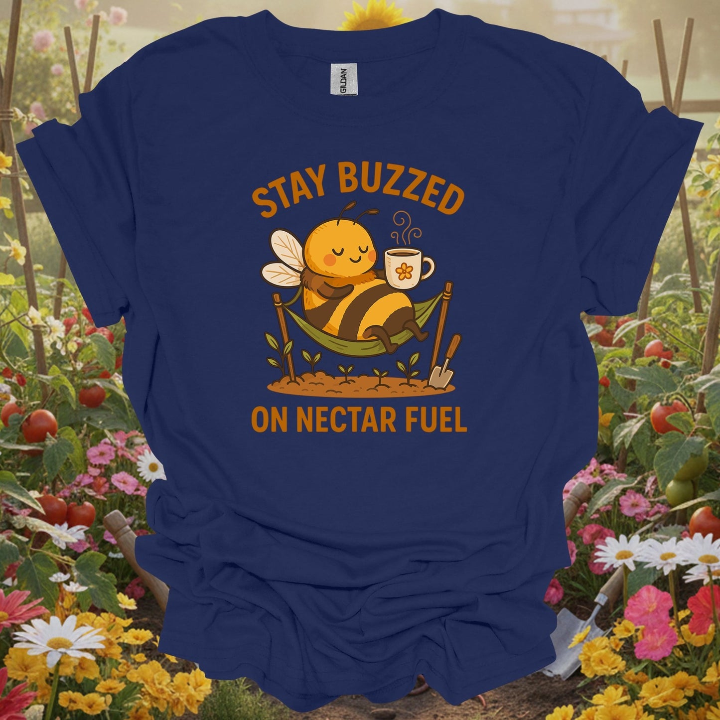 Navy shirt showing stay buzzed on nectar fuel retro kawaii bee for home gardeners