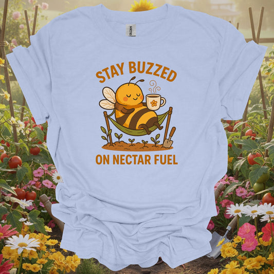 Light Blue tshirt showing stay buzzed on nectar fuel retro kawaii bee for gardening enthusiasts