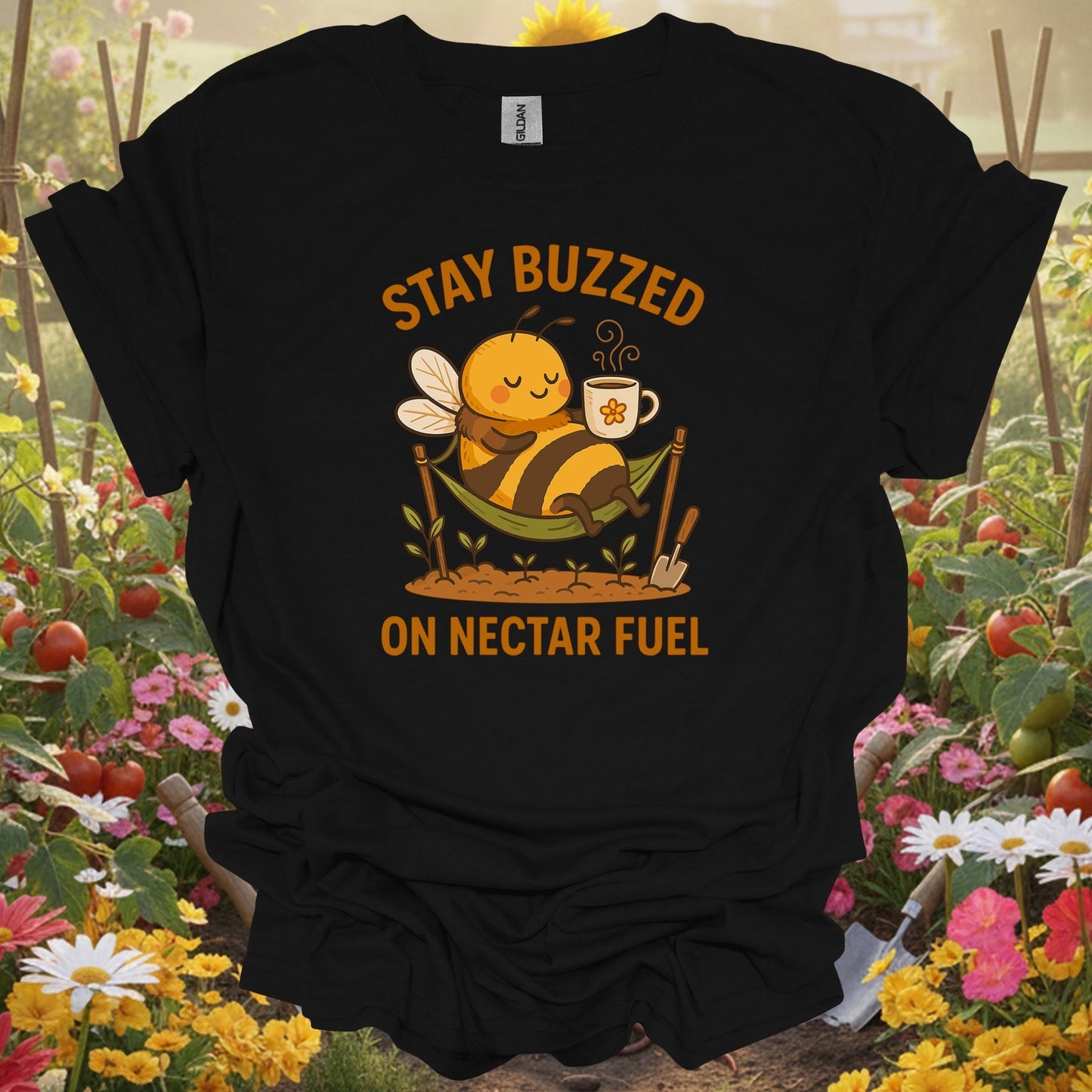 Black shirt showing stay buzzed on nectar fuel retro kawaii bee for outdoor enthusiasts
