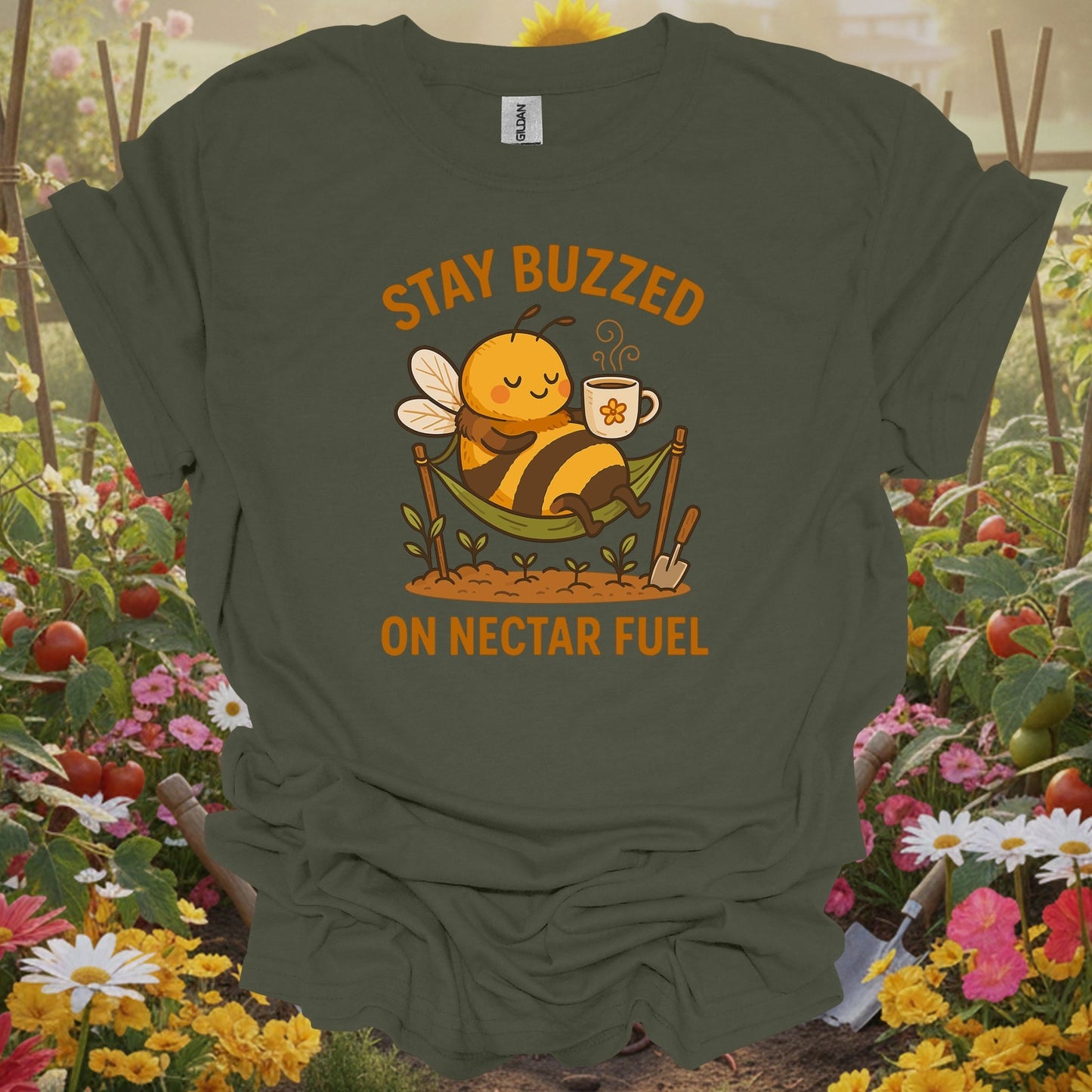 Military Green top showing stay buzzed on nectar fuel retro kawaii bee for nature lovers