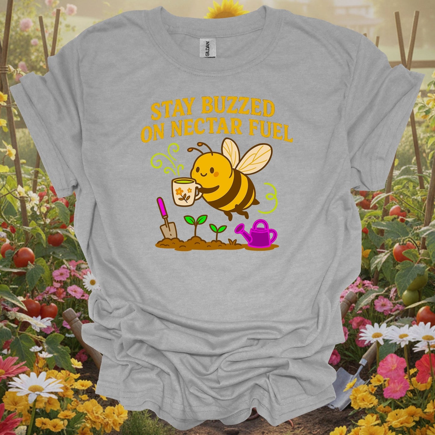 Sport gray tshirt showing vintage stay buzzed on nectar fuel bee gardening for people who love retro aesthetics