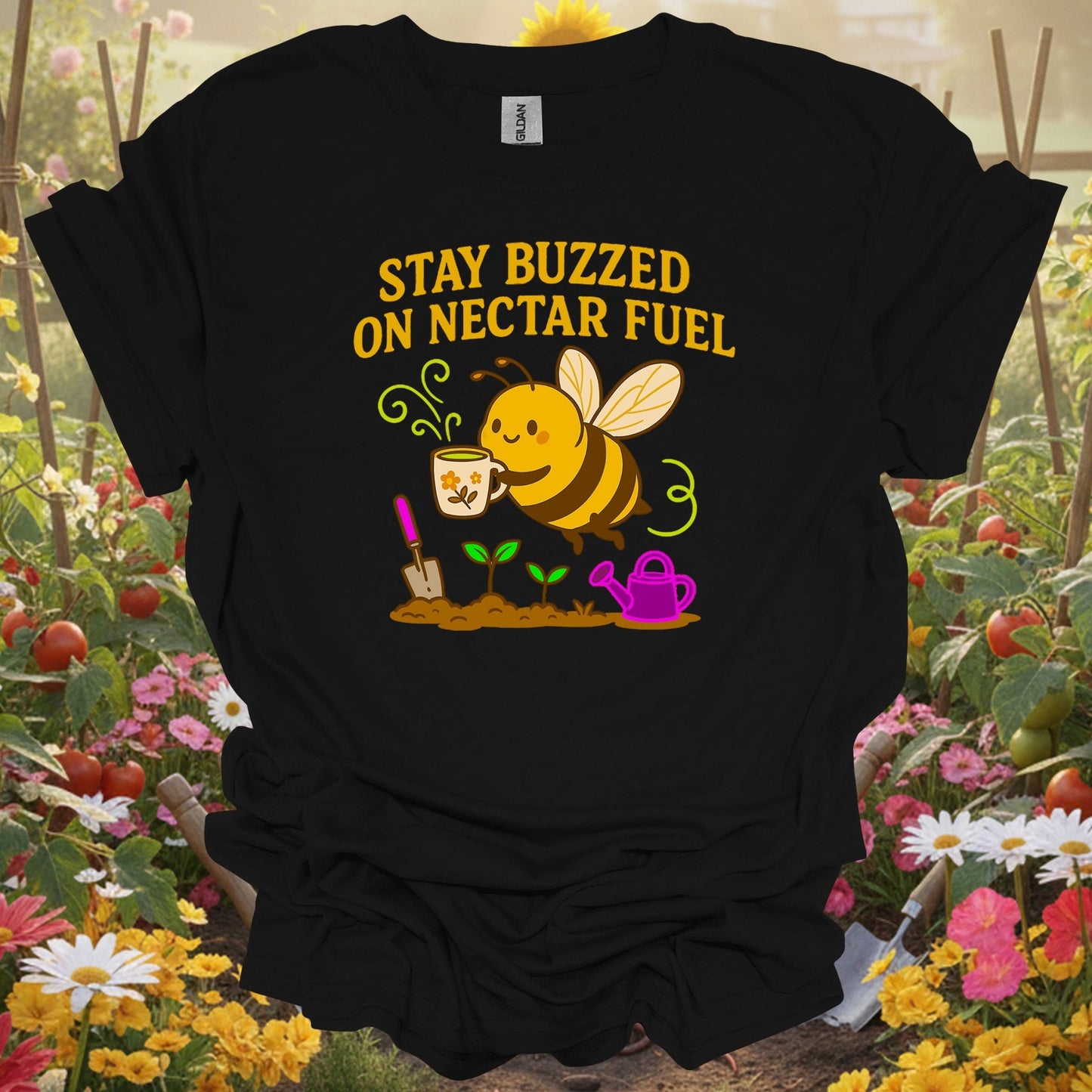 Black shirt showing vintage stay buzzed on nectar fuel bee gardening for vintage art collectors