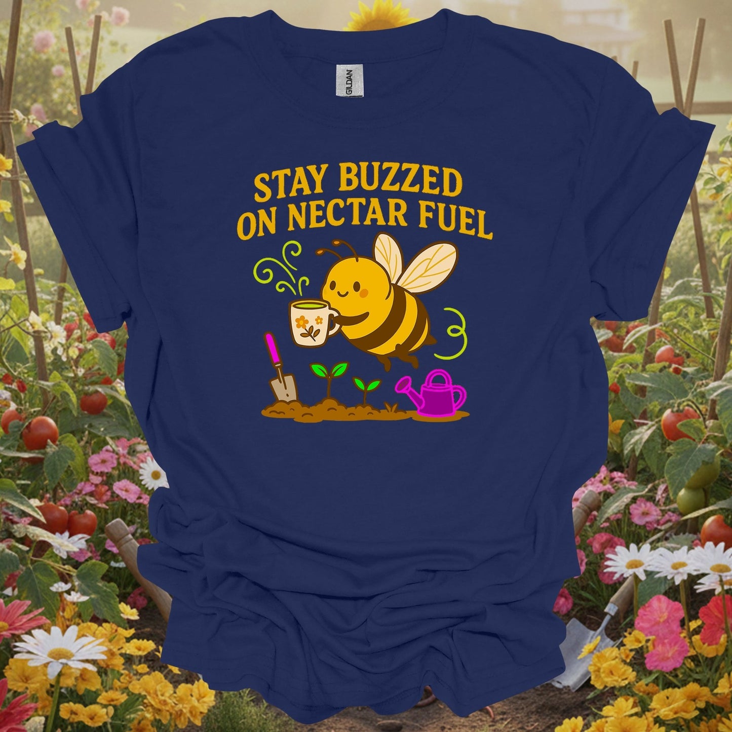 Navy shirt showing vintage stay buzzed on nectar fuel bee gardening for classic garden lovers