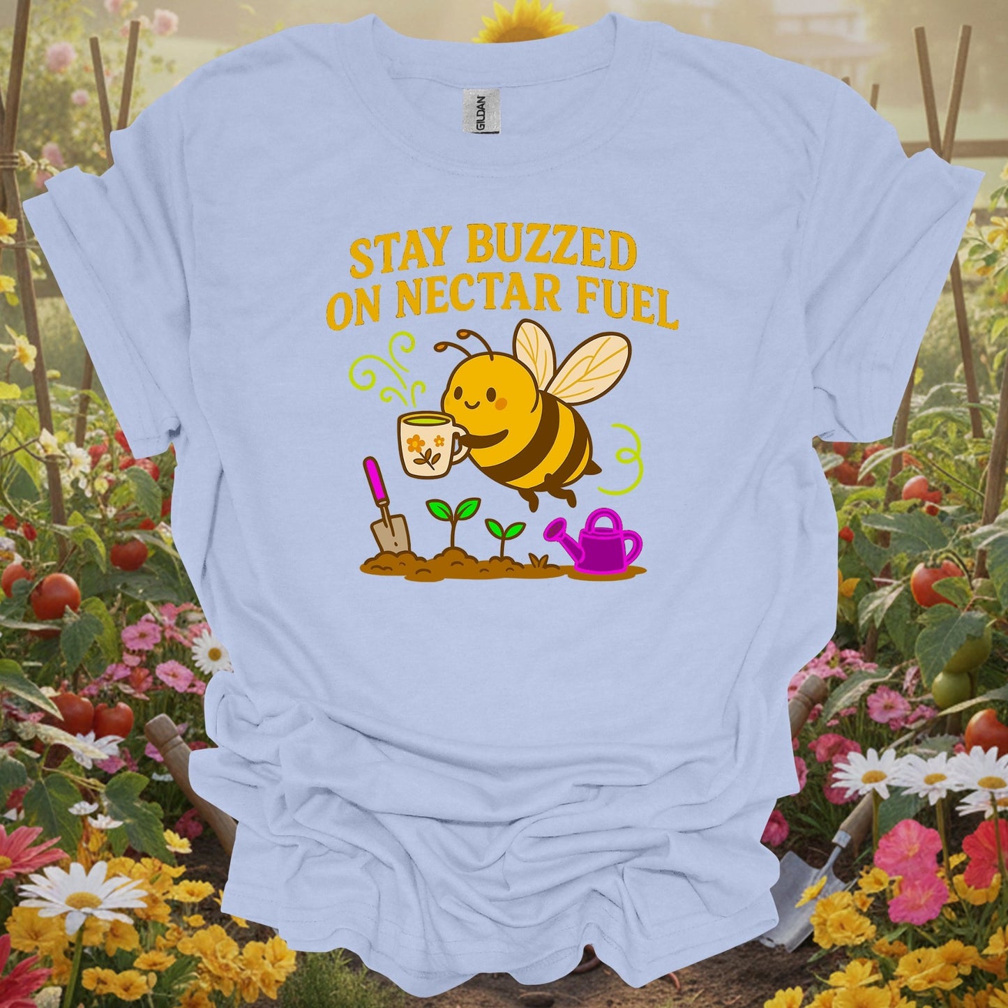 LIght blue tee showing vintage stay buzzed on nectar fuel bee gardening for retro enthusiasts