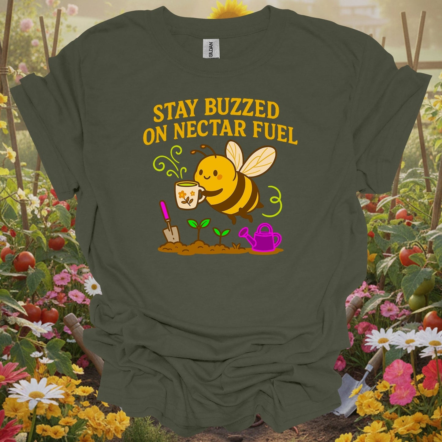 Military green top showing vintage stay buzzed on nectar fuel bee gardening for retro-inspired plant parents