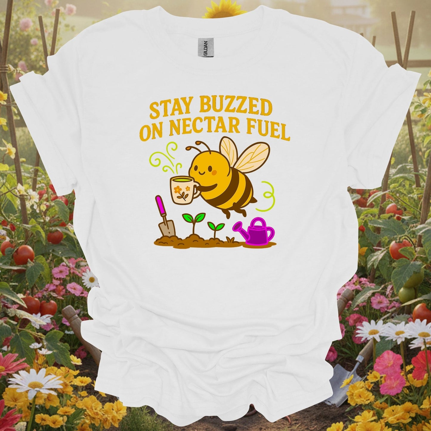 White tee showing vintage stay buzzed on nectar fuel bee gardening for traditional growers