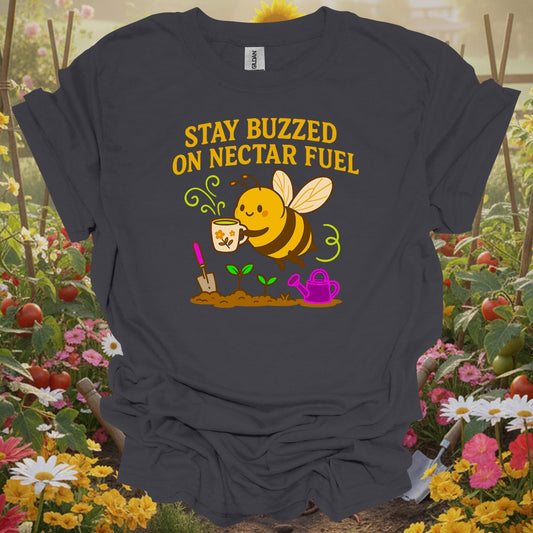 Charcoal tshirt showing vintage stay buzzed on nectar fuel bee gardening for vintage style fans
