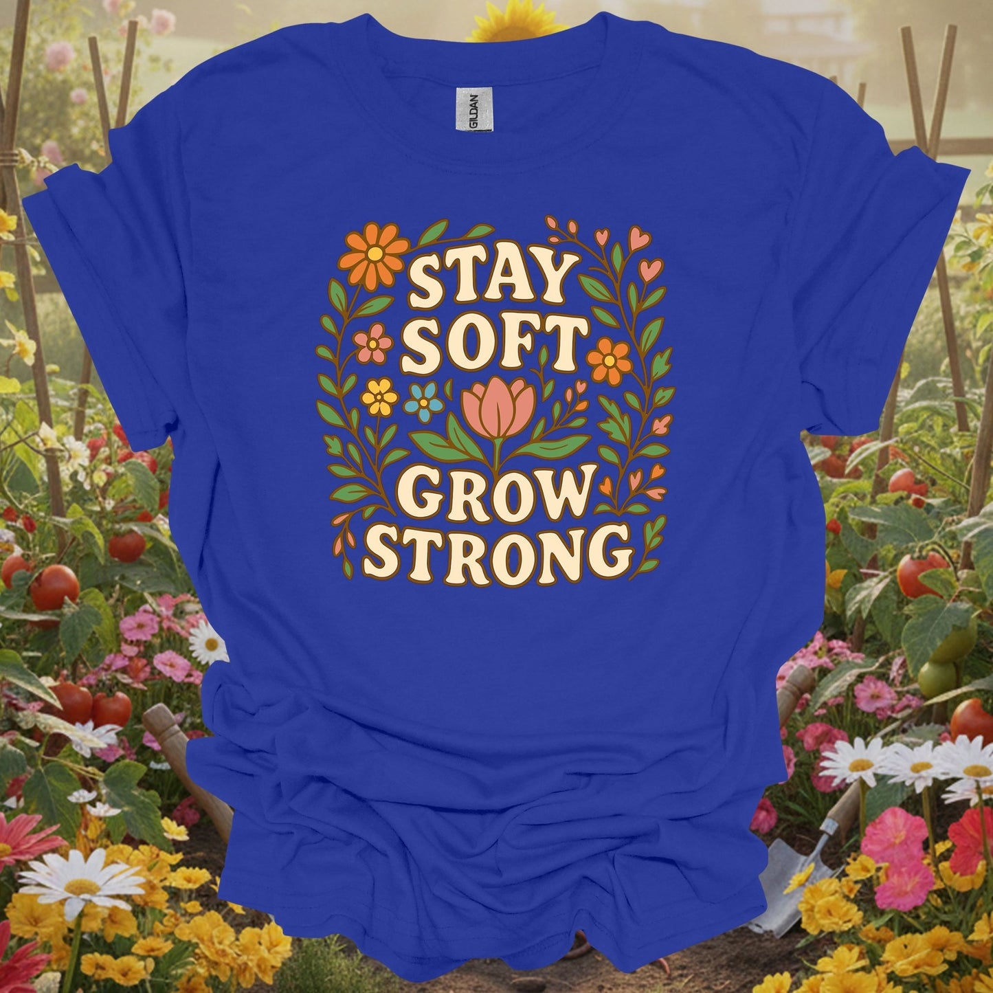 Royal tshirt showing stay soft grow strong botanical floral for floral art fans