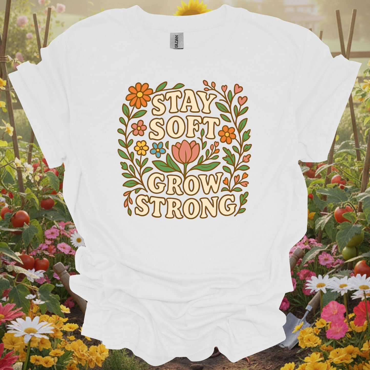 White tee showing stay soft grow strong botanical floral for bloom enthusiasts