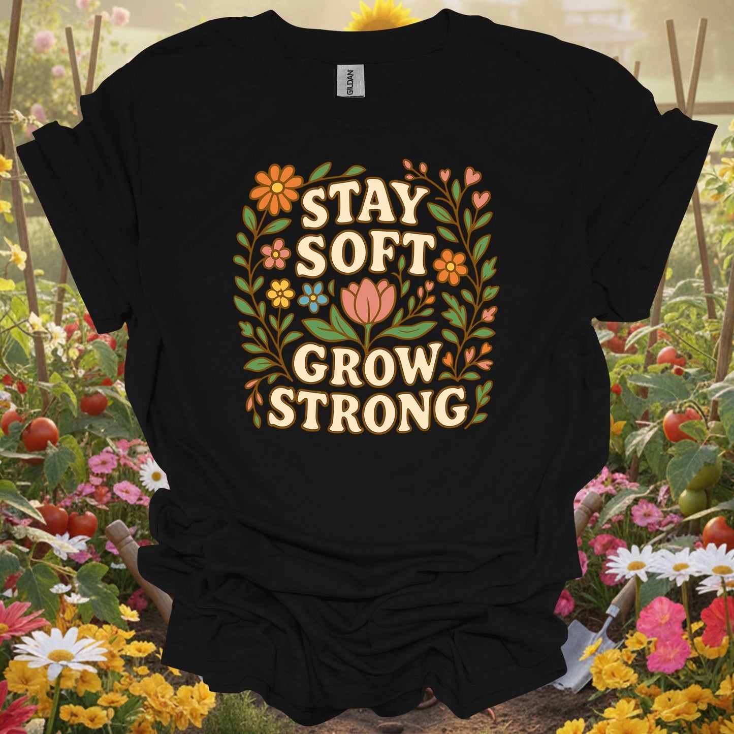 Black shirt showing stay soft grow strong botanical floral for garden flower lovers