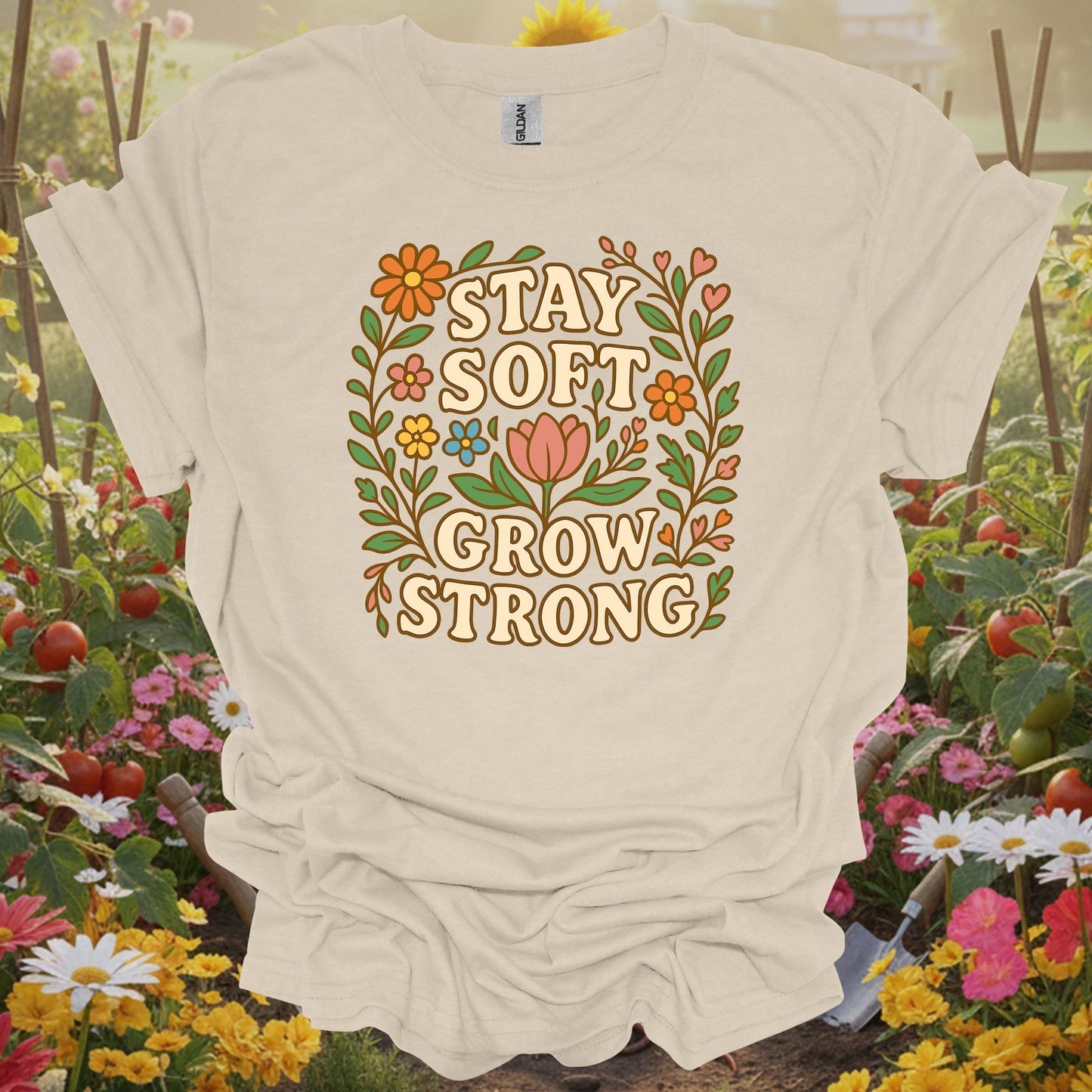 Natural tshirt showing stay soft grow strong botanical floral for floral enthusiasts