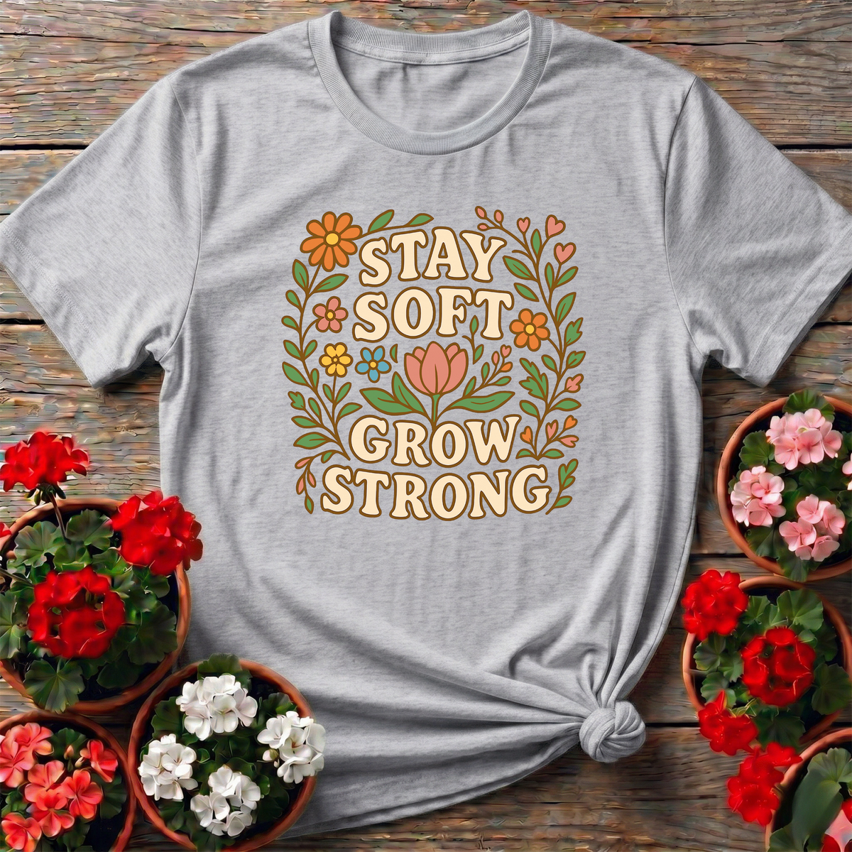Stay Soft Grow Strong Botanical Floral T-shirt - GardeningTshirts