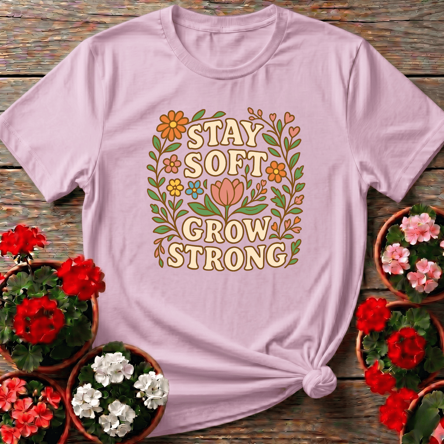 Stay Soft Grow Strong Botanical Floral T-shirt - GardeningTshirts