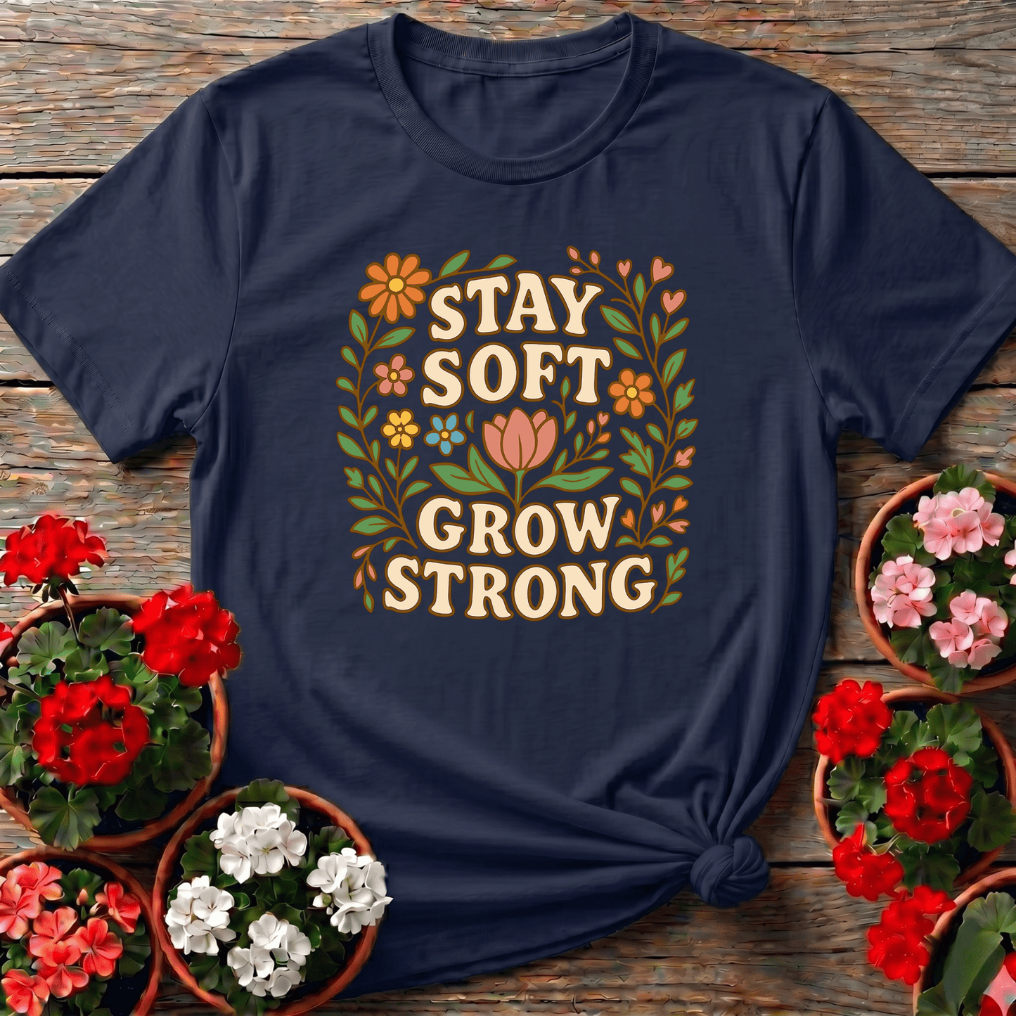 Stay Soft Grow Strong Botanical Floral T-shirt - GardeningTshirts