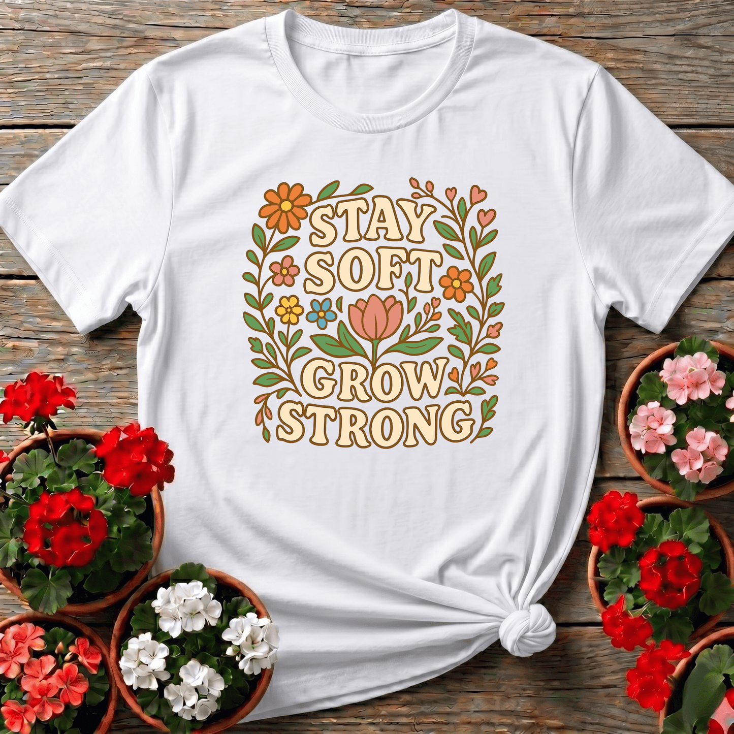 Stay Soft Grow Strong Botanical Floral T-shirt - GardeningTshirts