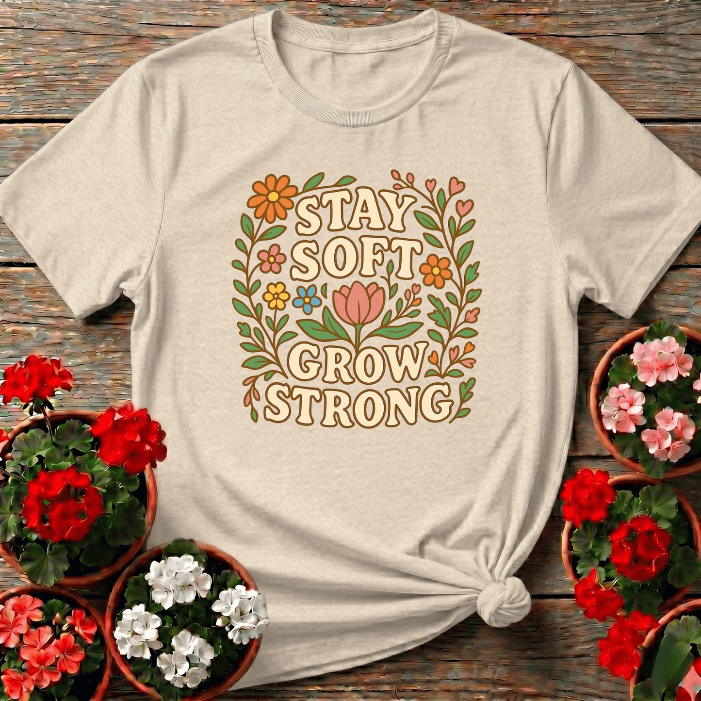 Stay Soft Grow Strong Botanical Floral T-shirt - GardeningTshirts