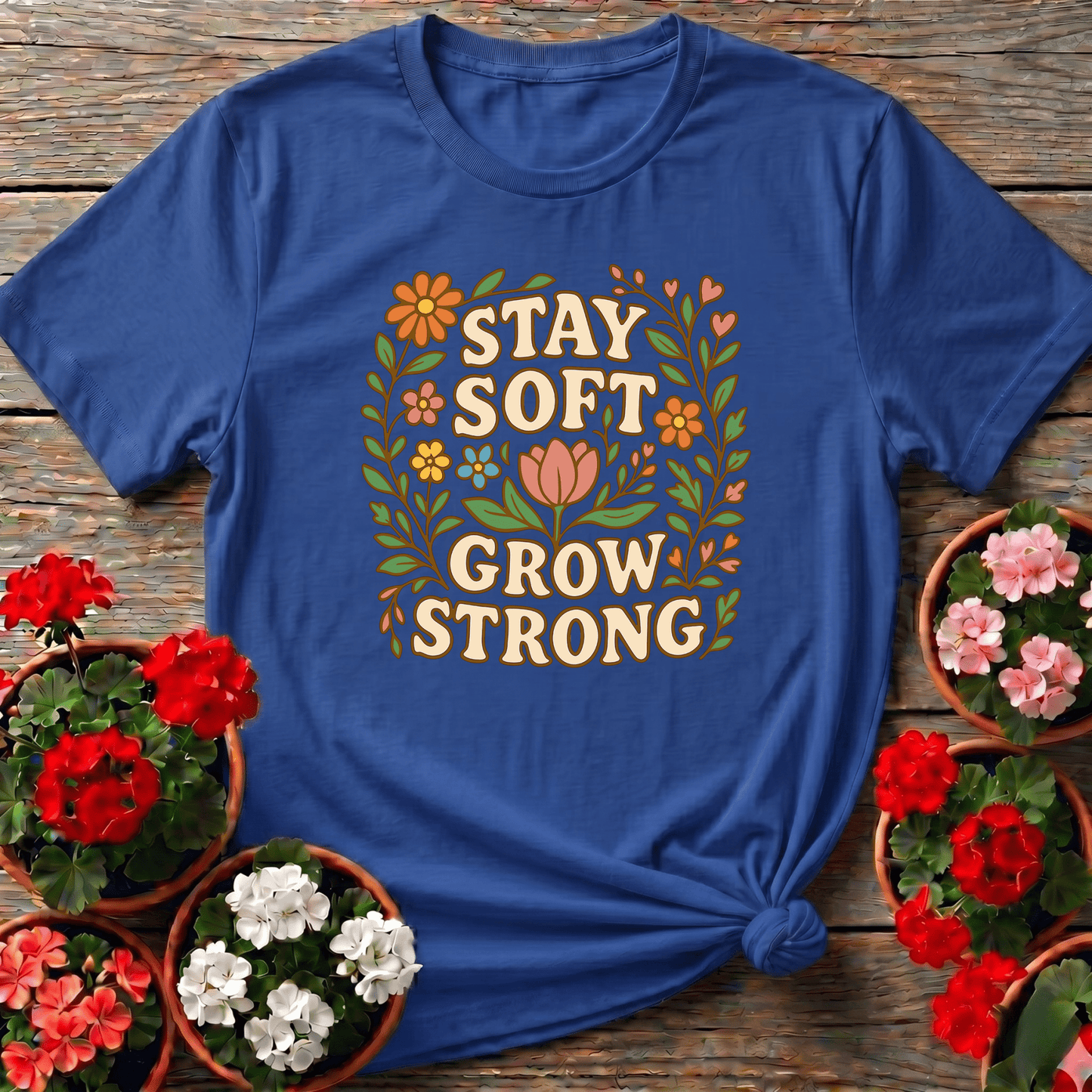 Stay Soft Grow Strong Botanical Floral T-shirt - GardeningTshirts