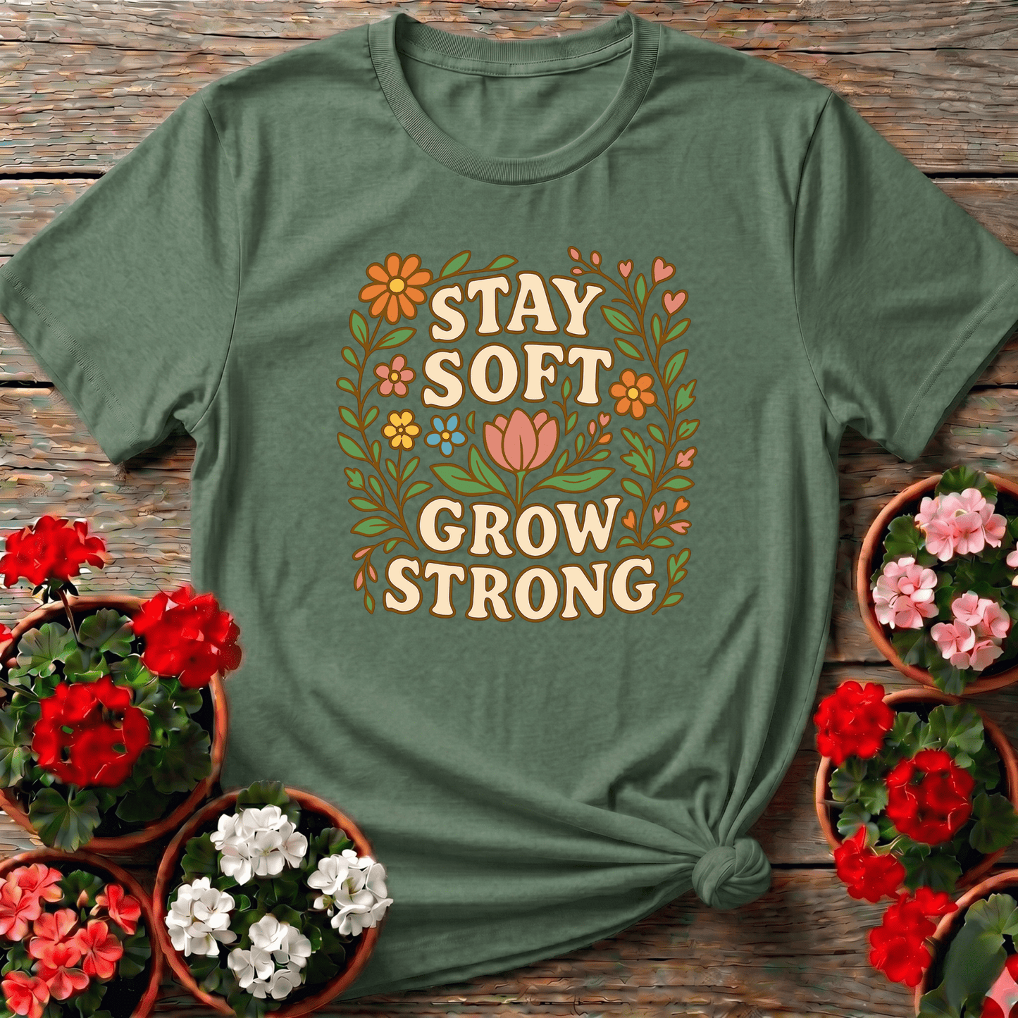 Stay Soft Grow Strong Botanical Floral T-shirt - GardeningTshirts