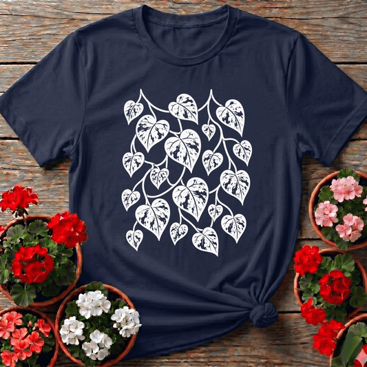 Navy botanical print string of hearts shirt with layered vine foliage design for plant collectors