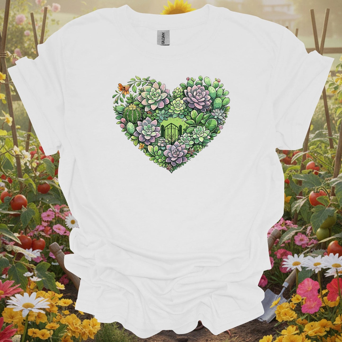 White tee showing succulent heart intricate floral art t shirt for garden hobbyists