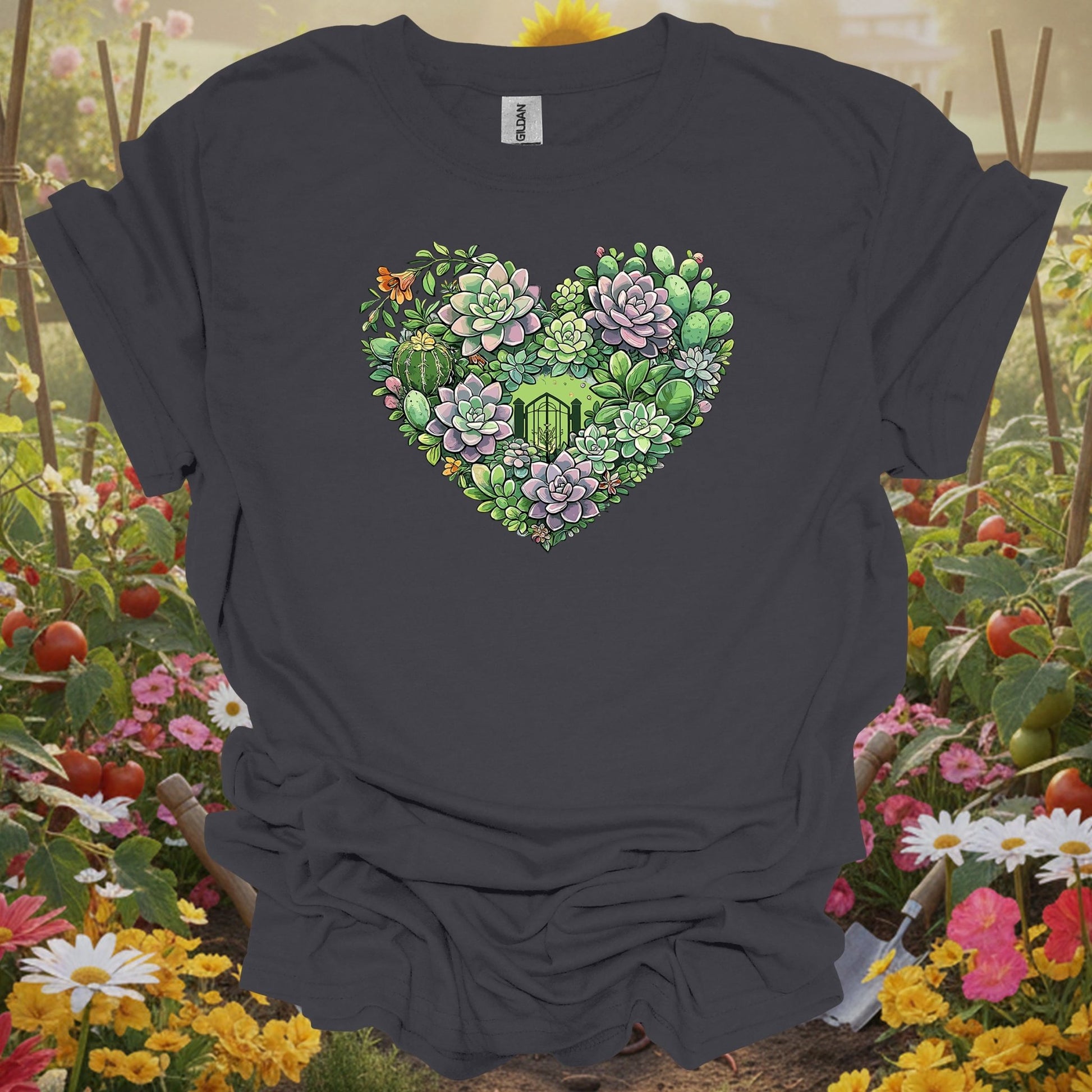 Charcoal tee showing succulent heart intricate floral art t shirt for plant lovers