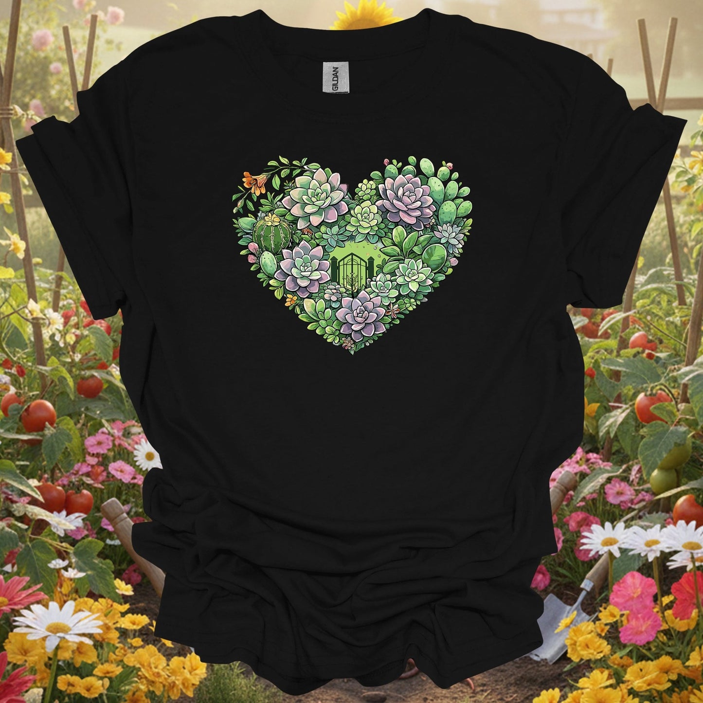 Black shirt showing succulent heart intricate floral art t shirt for outdoor enthusiasts