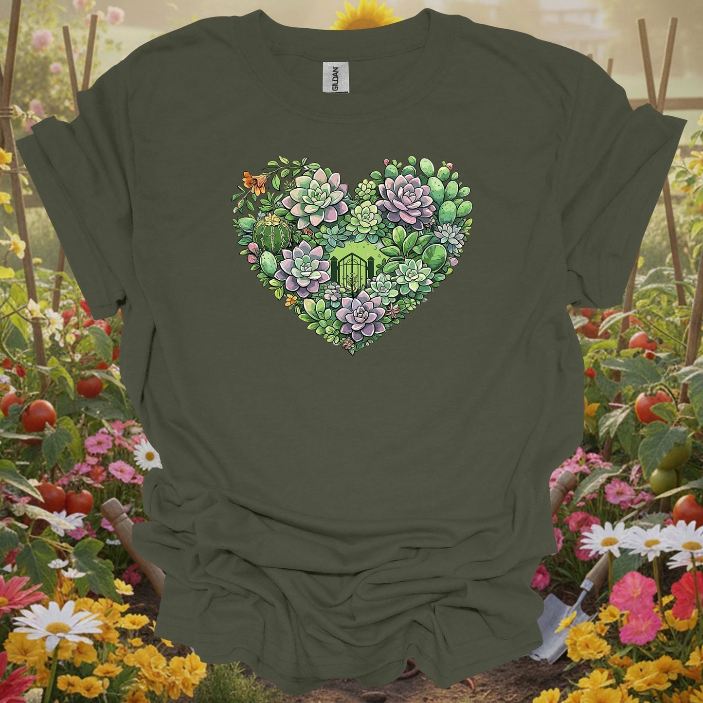 Military Green top showing succulent heart intricate floral art t shirt for nature lovers