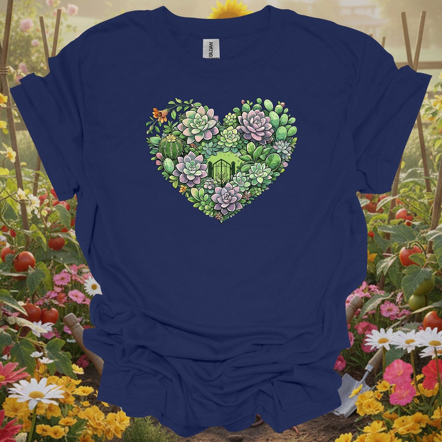 Navy top showing succulent heart intricate floral art t shirt for green thumb folks