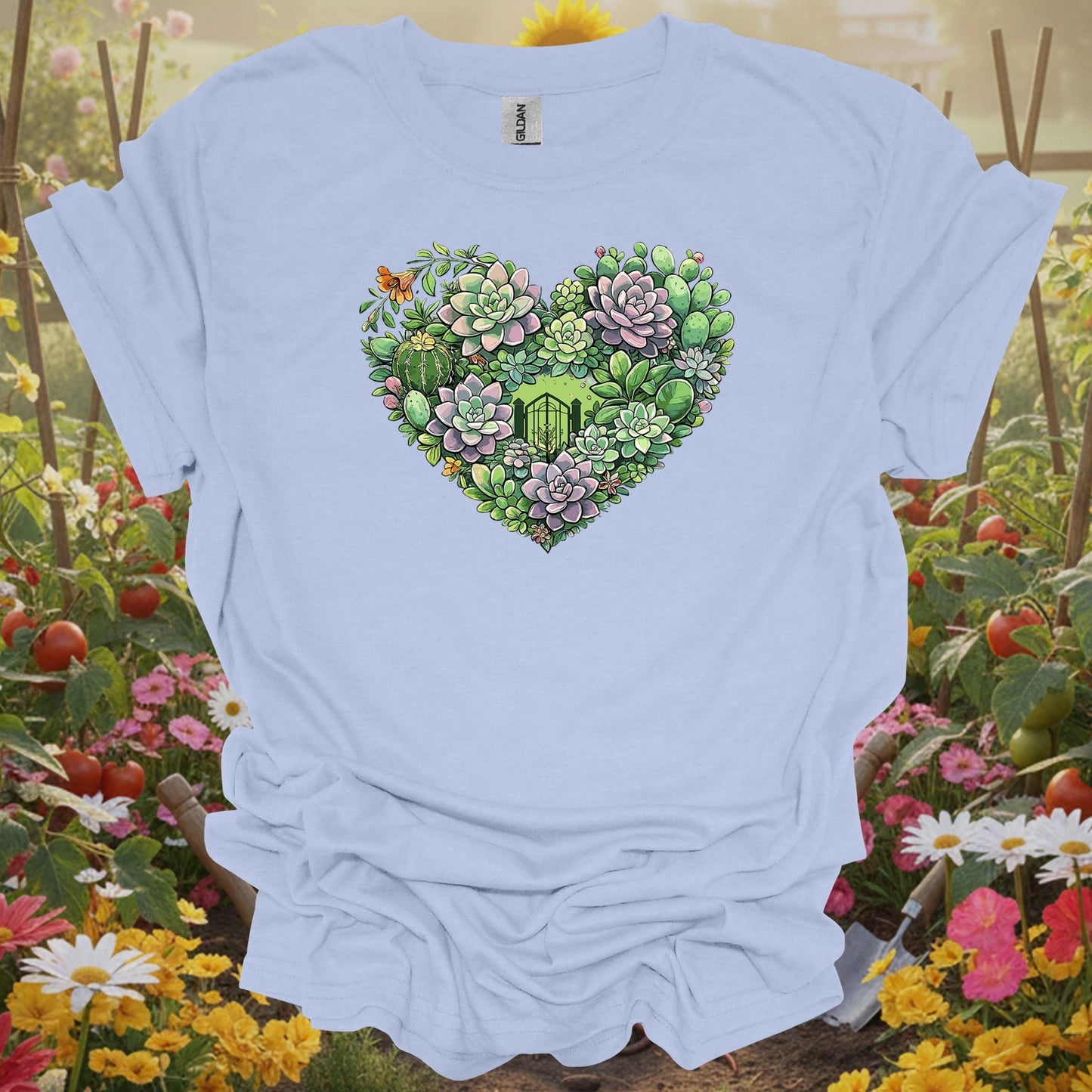 Light Blue shirt showing succulent heart intricate floral art t shirt for home gardeners